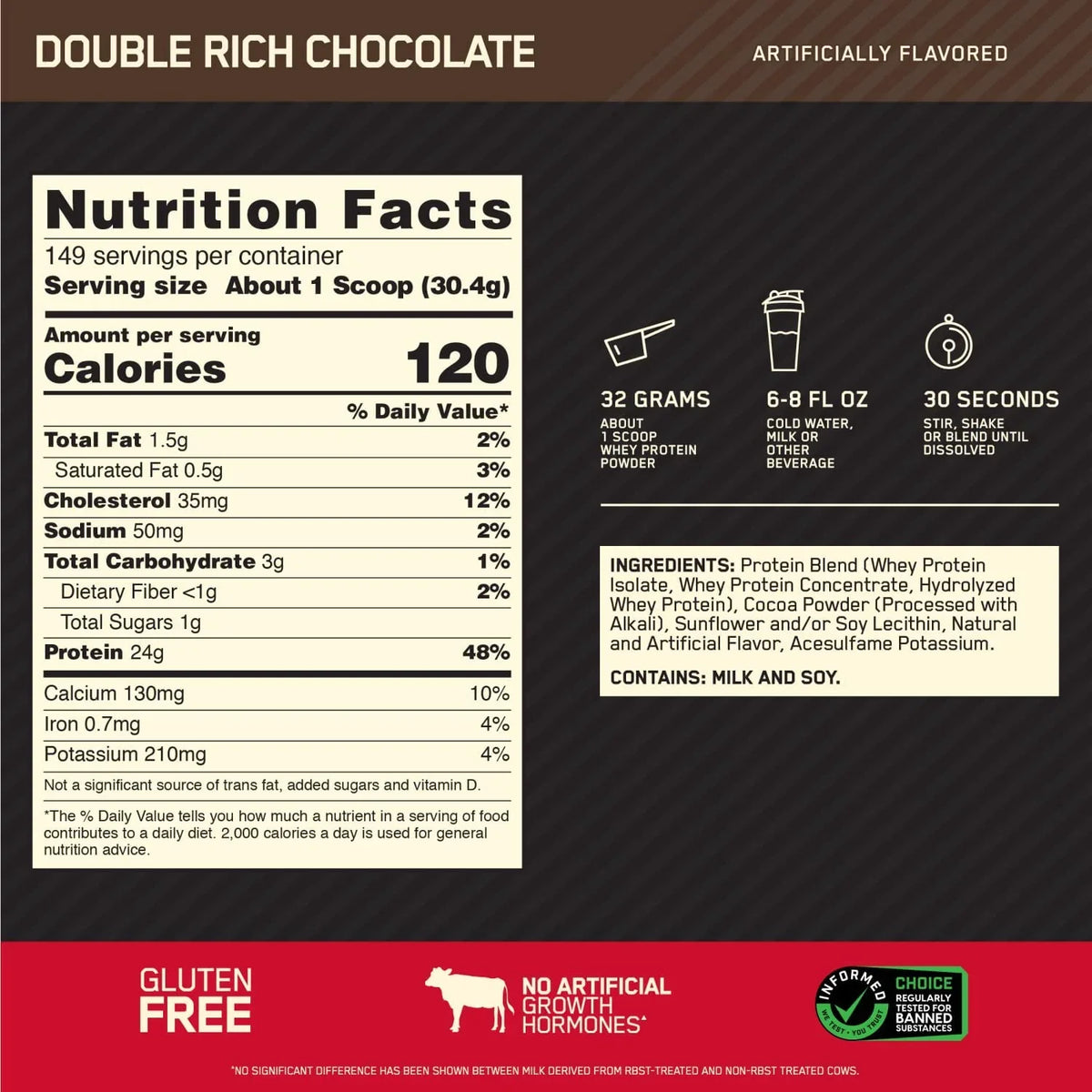 Chocolate, Rich 100% 10 Double Gold Whey Servings lb, Standard Protein Powder, 149 Nutrition, Optimum