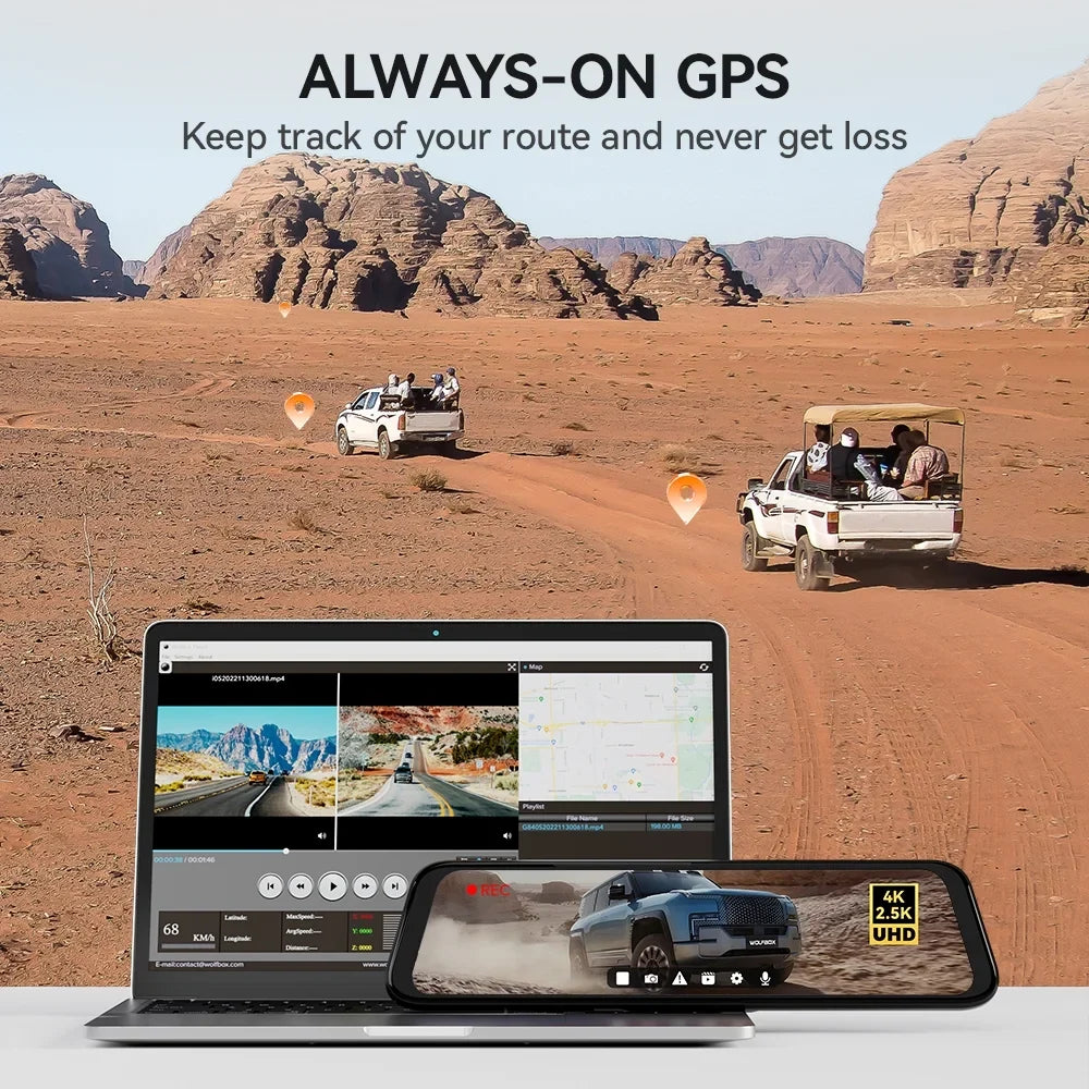 Car Mirror Camera, for View 12" Dash 2.5K Rearview Night 64GB Free Dash GPS Front Cam, Rear and Camera & Cam 4K WDR, Mirror WOLFBOX Dash Card Rear Vision, with