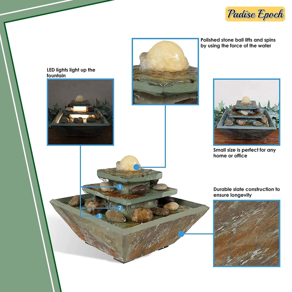 Accent Living - Water Office, Tabletop - Polished Room with and Ascending Stone Home Inch Decor Slate 8 - Tie Fountain Corded Bedroom or Electric LED Light for Ball