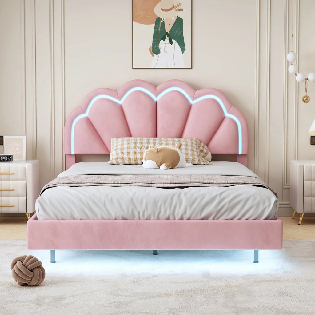 Platform Wooden with Beige Full LED Slats Bed Smart Size Support