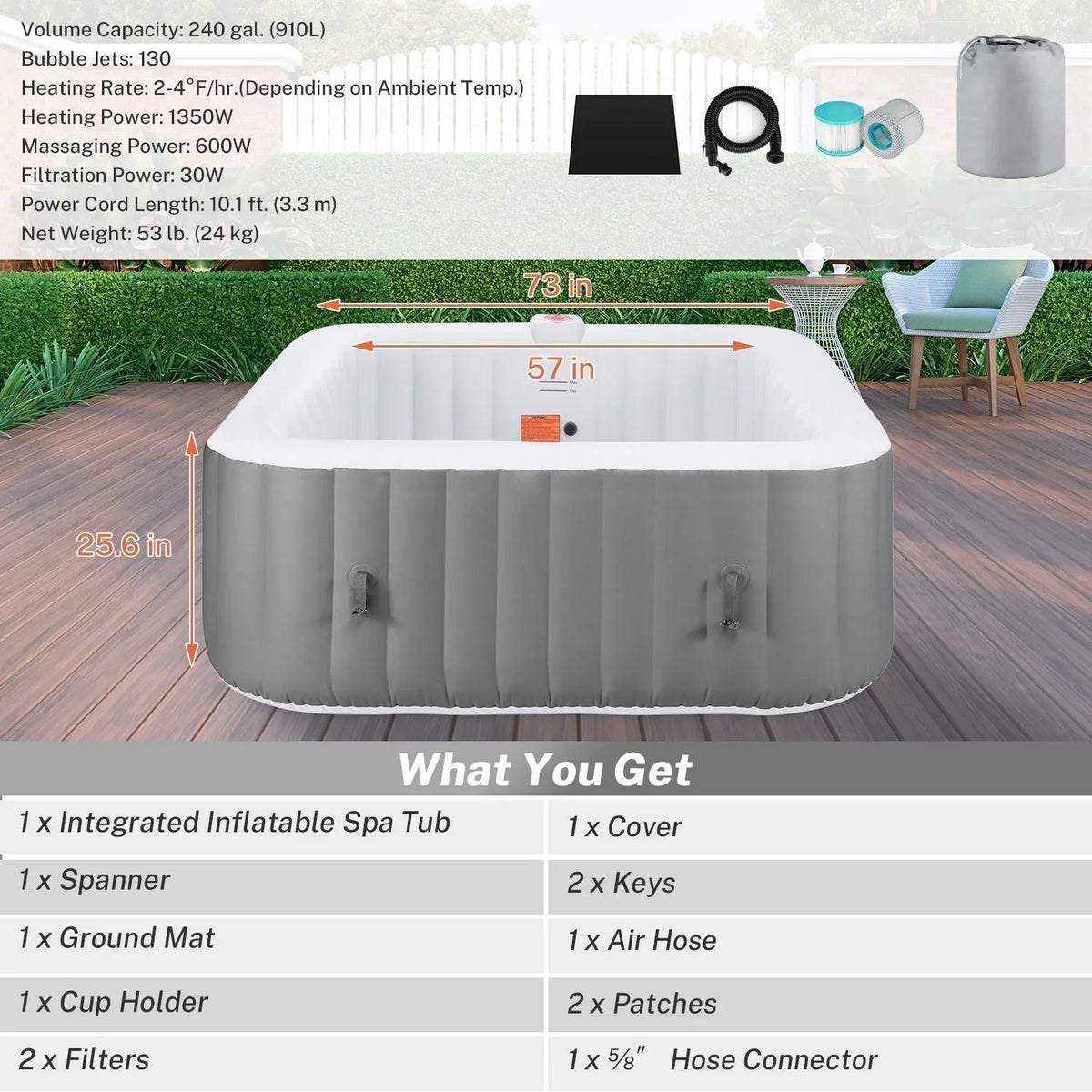 Hot Capacity Home Hidden 73''Inflatable Lockable with Storage Hot Spa 910L Jets, Person 130 Outdoor for Tub, 104℉, Max Indoor Mat, Tub Massage 6 Bag, Cover, Machine,