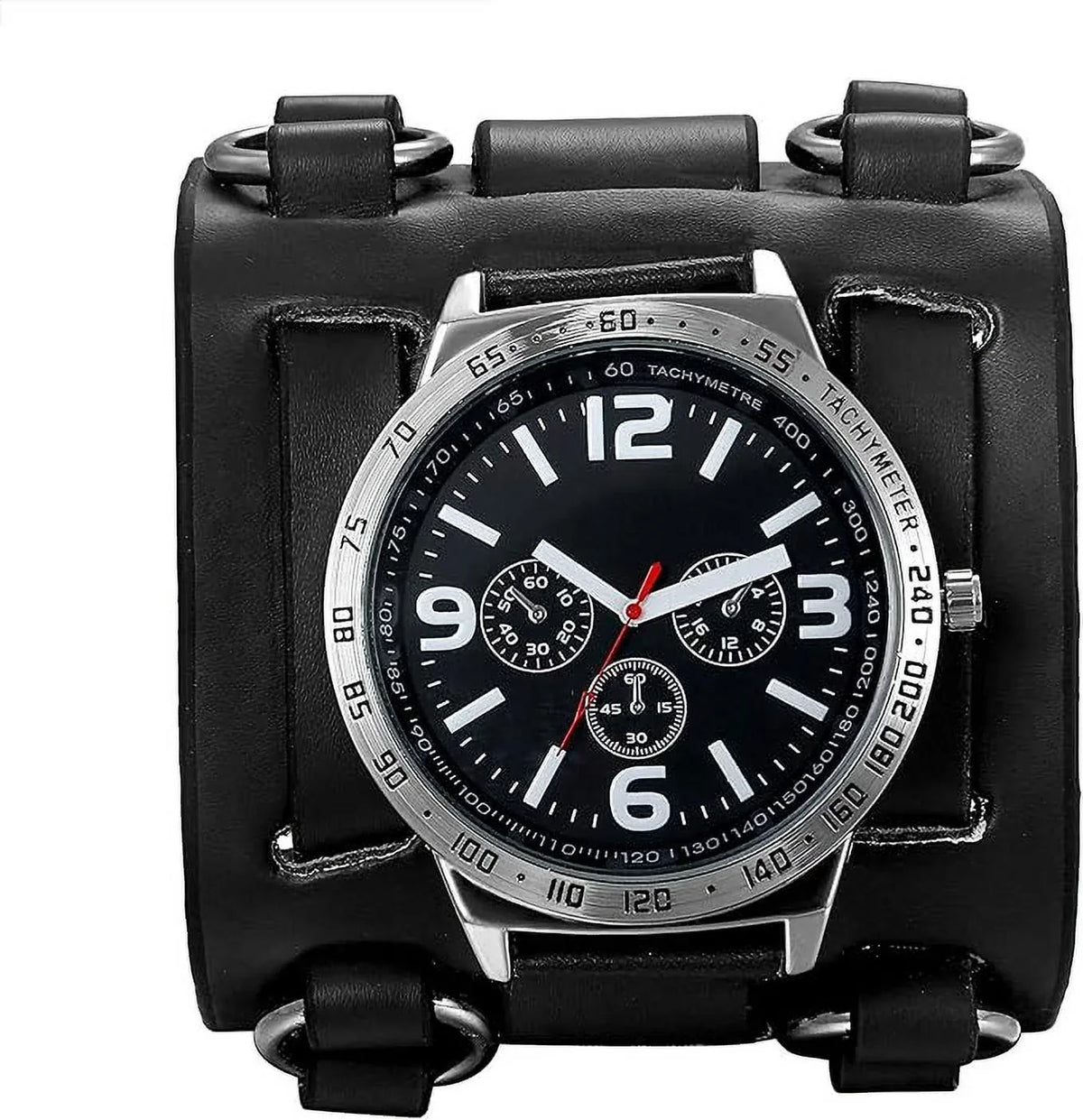 Leather Sport Watch Quartz Hip-hop Retro Costume Wide Watches Dial Mens Watch Wrist Cuff Big Replaceable Japan Halloween for Steampunk Genuine Bracelet Military Black Gothic