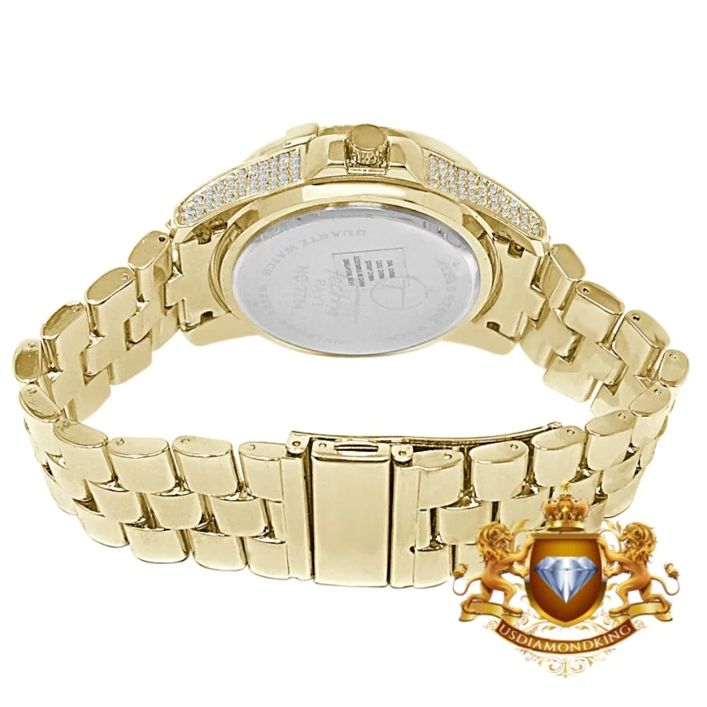 Gold Finish Pave Fully Techno Yellow Diamond Bling Simulated Watch Men's Crystal
