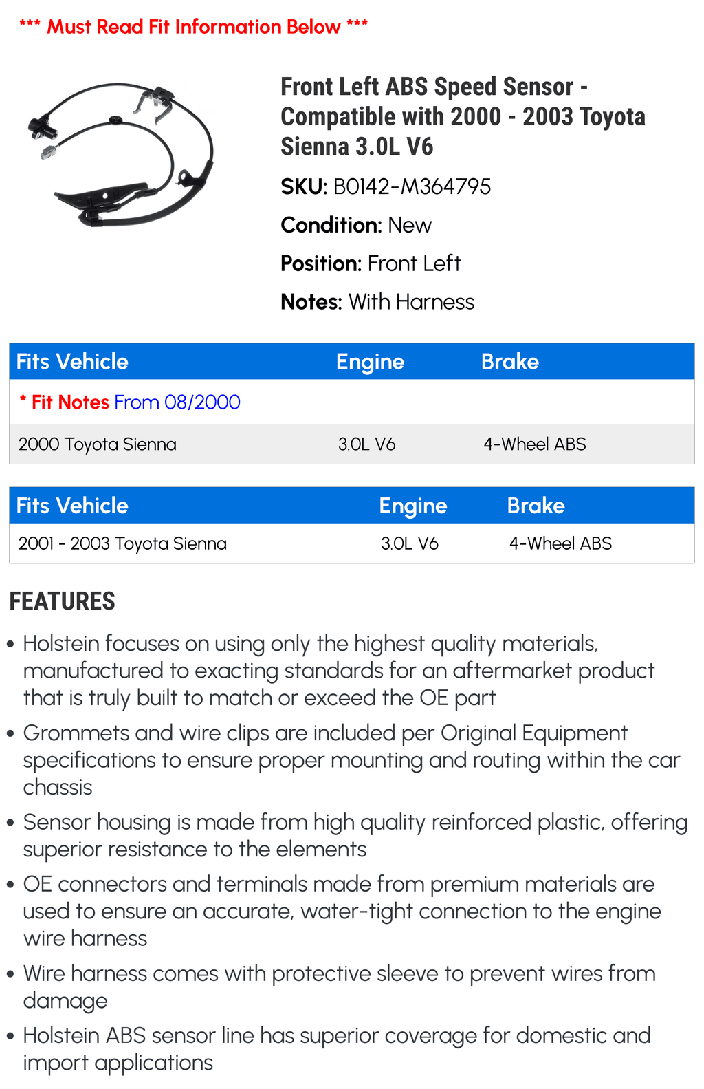 Toyota with Compatible ABS Left Front 3.0L V6 - 2003 Sienna Speed 2000 2002 - 2001 Sensor