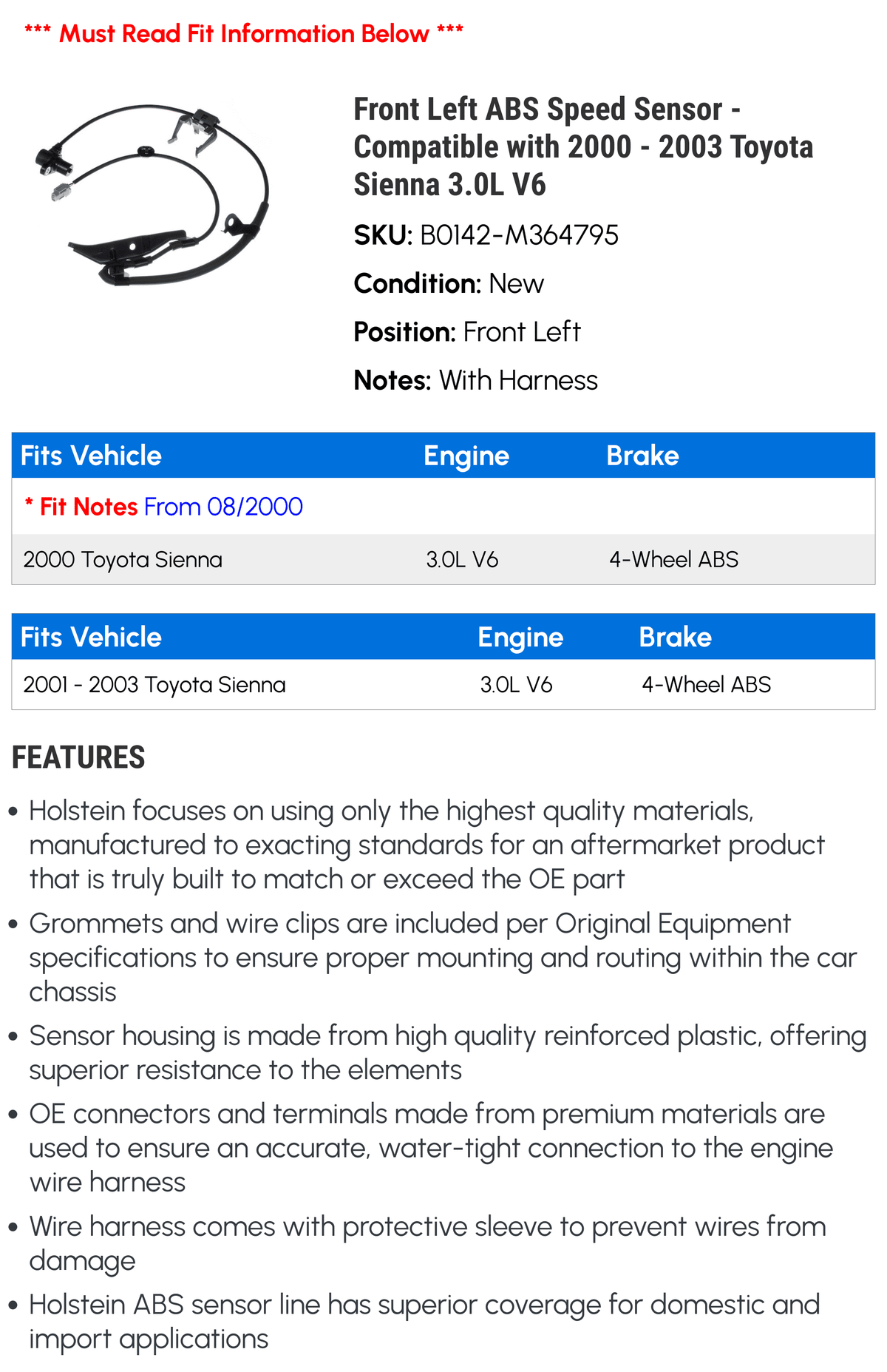 Toyota with Compatible ABS Left Front 3.0L V6 - 2003 Sienna Speed 2000 2002 - 2001 Sensor