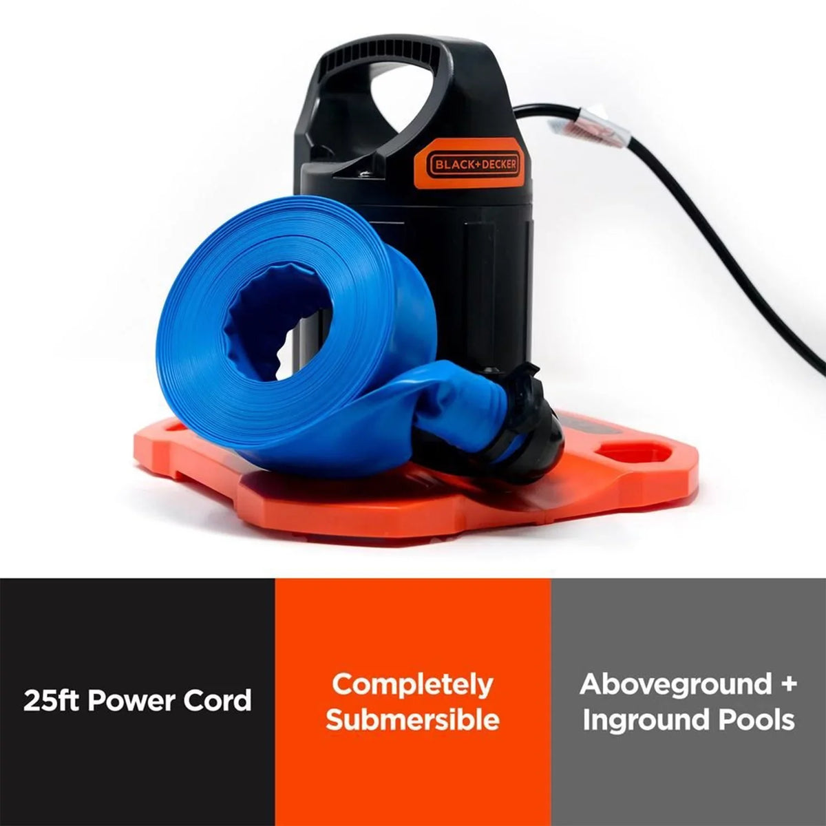 Submersible 1500 GPH Black+Decker Pump Hose with Pool Automatic Discharge Cover