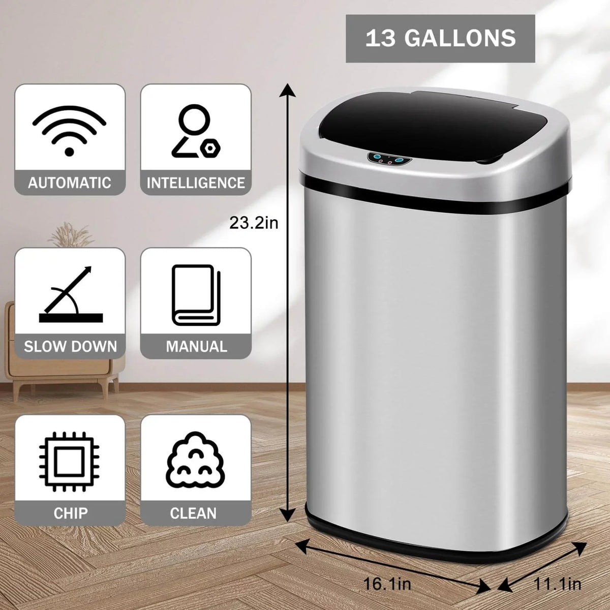 13 Gallon Sensor, & Bin Silver Mute with Lid, Office Motion Garbage Anti-Fingerprint Trash for Stainless Designed NiamVelo Waste Kitchen Can Steel Home, Can with Automatic Touch-Free