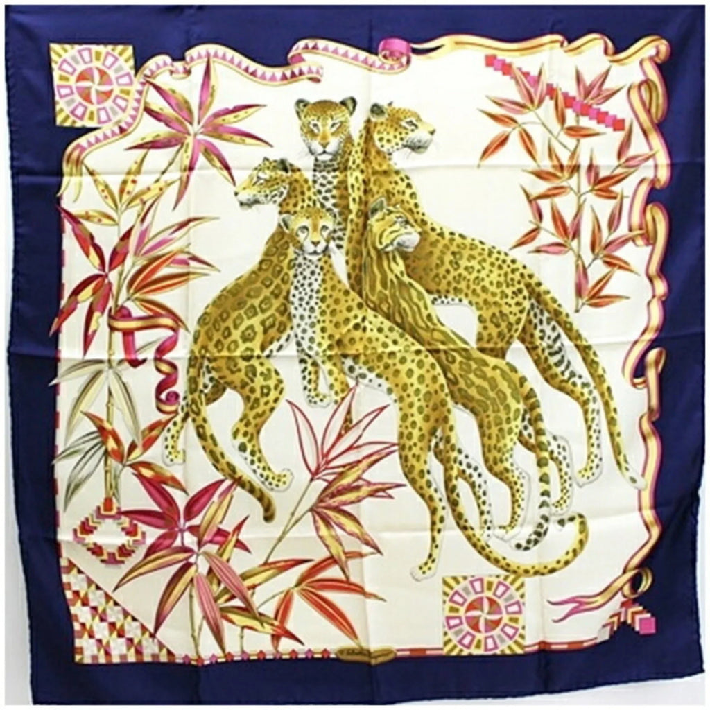 Muffler Pre-Owned (Good) Navy Scarf Women's Print Ferragamo Salvatore Leopard Silk Multicolor x