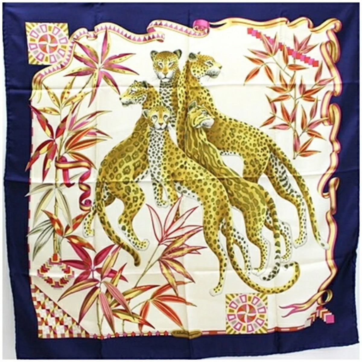 Muffler Pre-Owned (Good) Navy Scarf Women's Print Ferragamo Salvatore Leopard Silk Multicolor x